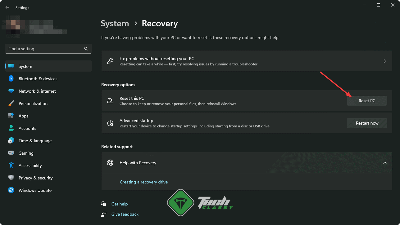 clicking reset PC windows 11 settings