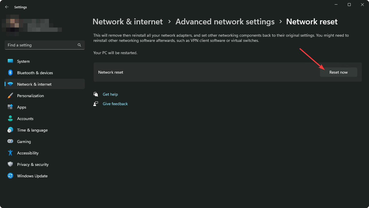 clicking reset now windows 11 settings