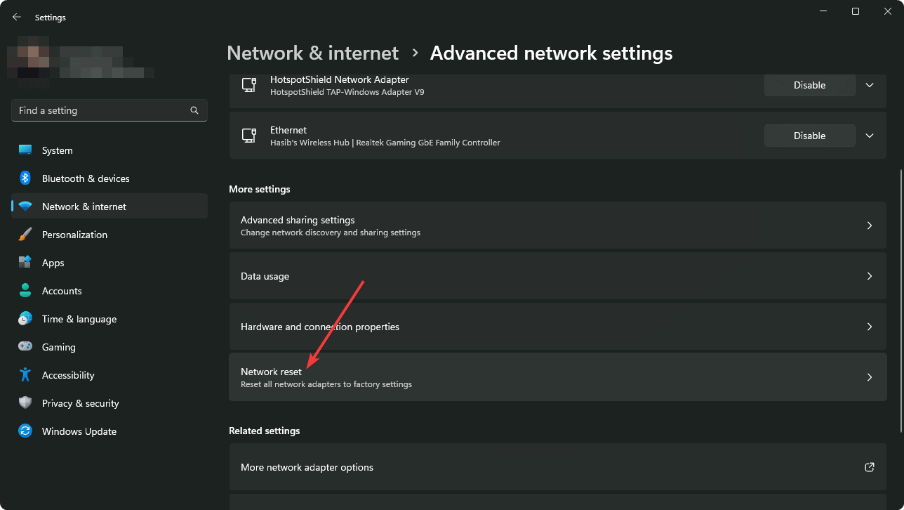 going network reset windows 11 settings