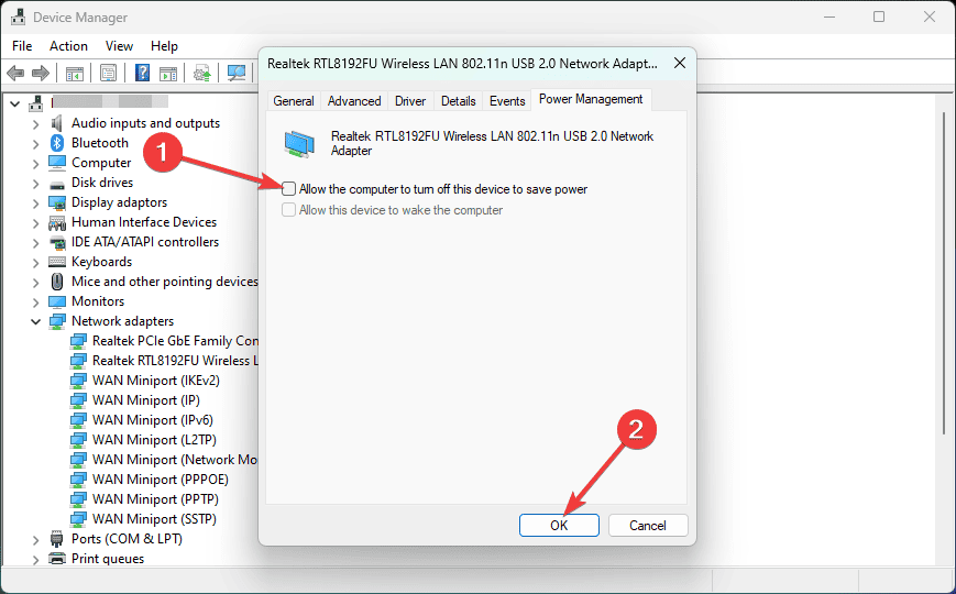 turning off power management of WiFi adapter Windows 11