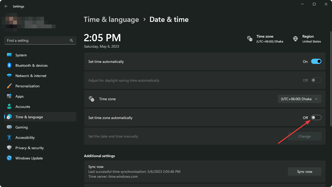 turning off set time zone automatically windows 11 settings