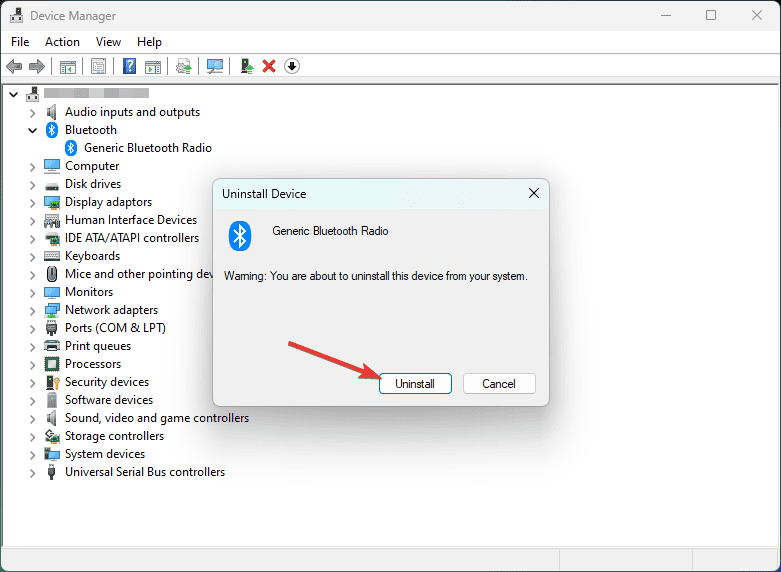 clicking uninstall bluetooth driver Windows 11