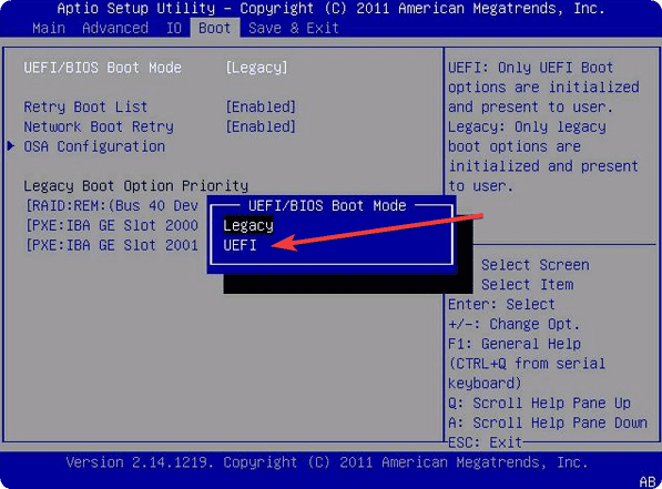 disable legacy boot bios