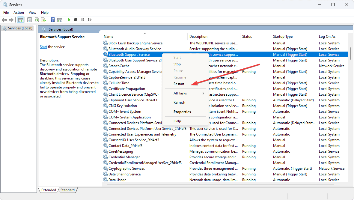 restart bluetooth service windows 11