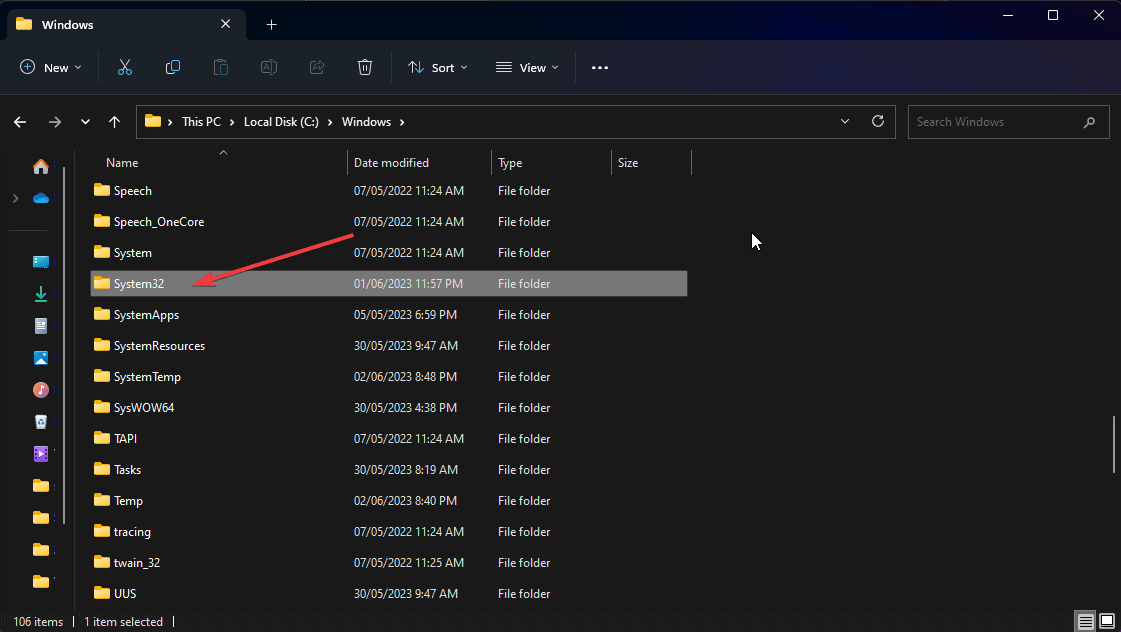 selecting system 32 folder Windows 11