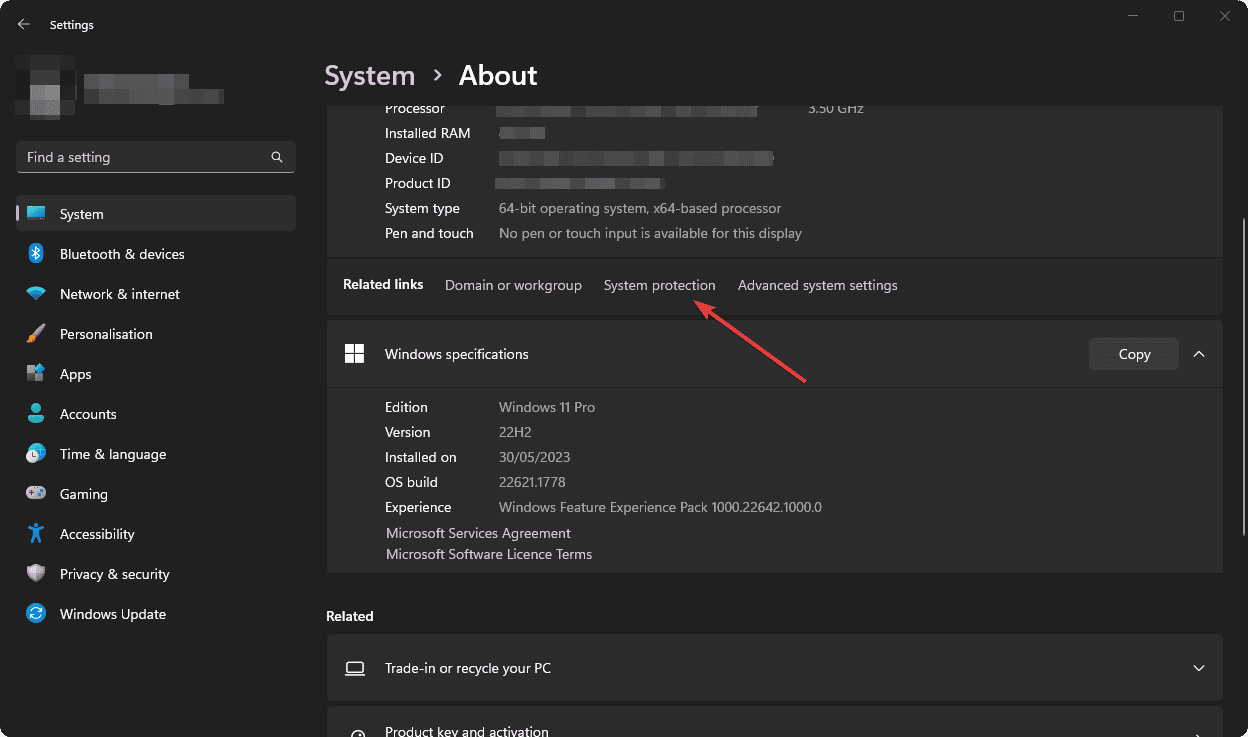 selecting system protection windows 11