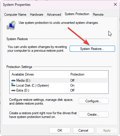selecting system restore windows 11