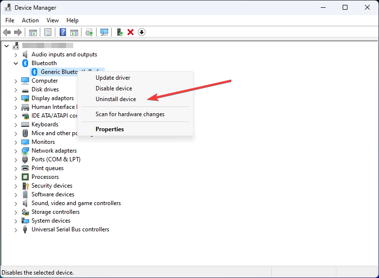 selecting uninstall bluetooth driver Windows 11