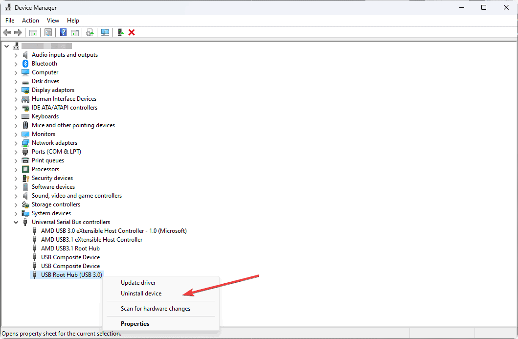 selecting uninstall root hub Windows 11