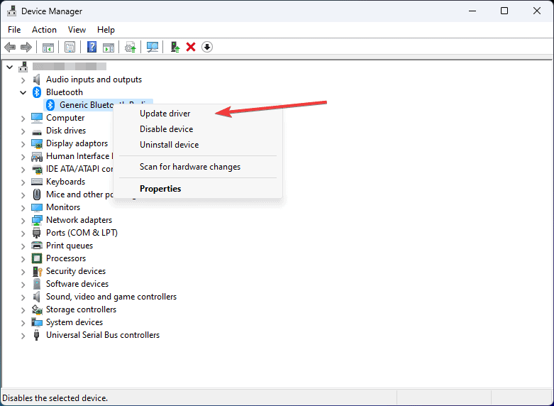 selecting update bluetooth driver Windows 11