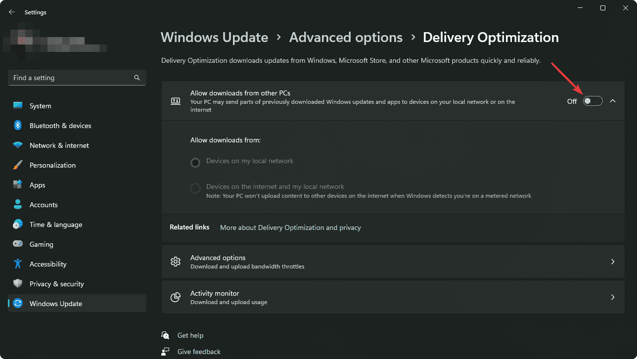 turning off delivery optimization windows 11 settings