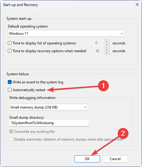 uncheck automatically restart