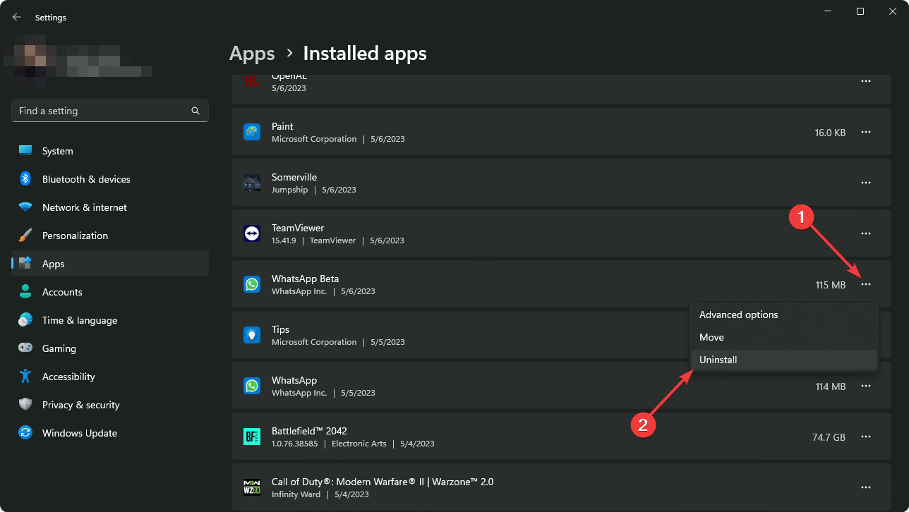 uninstalling app windows 11 settings