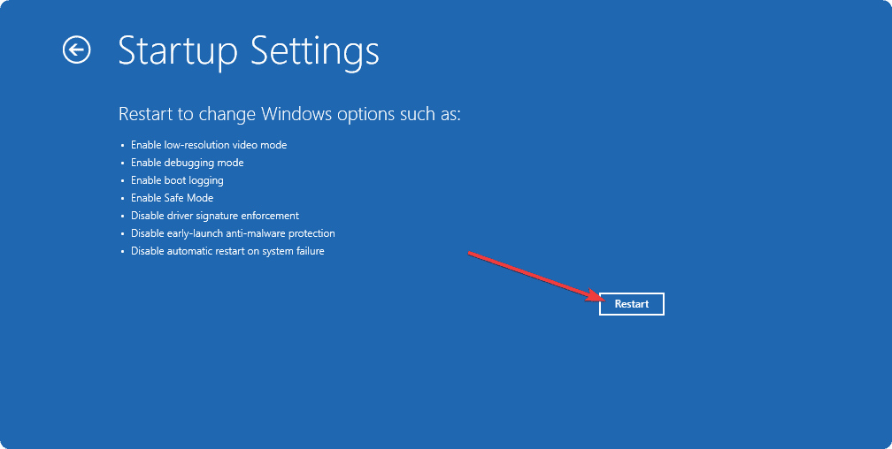 Selecting restart in startup settings in recovery mode
