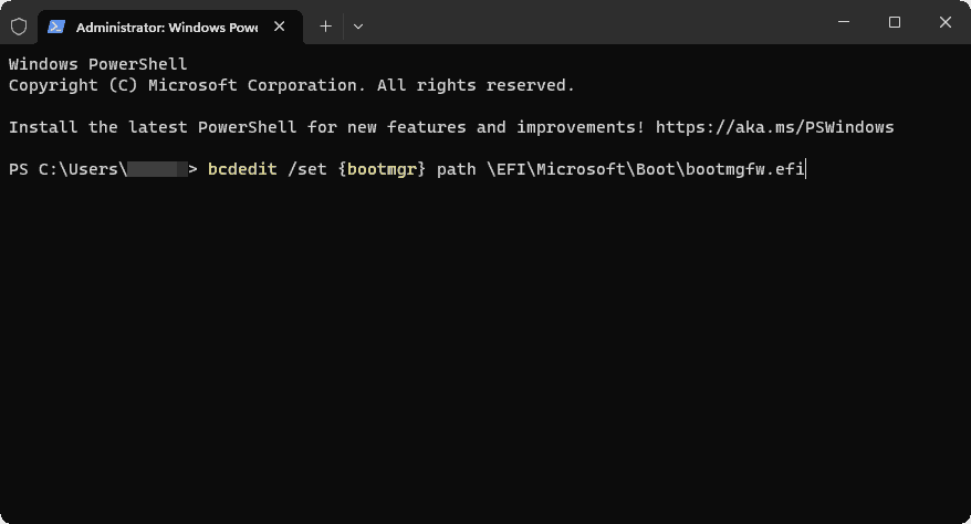 bcdedit set {bootmgr} path terminal command