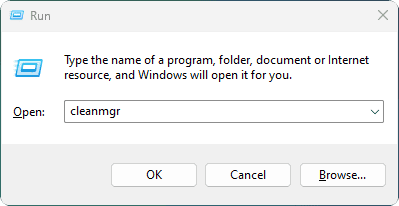 cleanmgr command in run dialog box