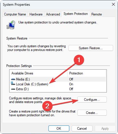 clicking on configuration on system protection window