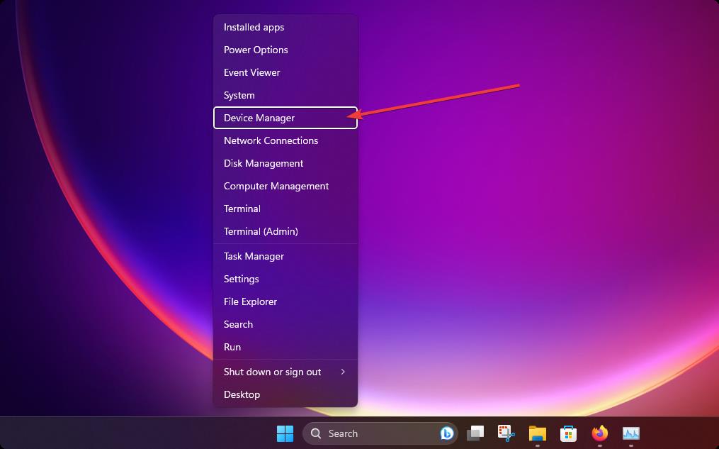 selecting device manager from Windows power menu