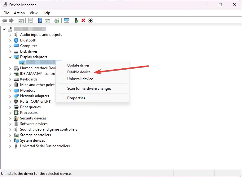 selecting disable driver for graphics driver