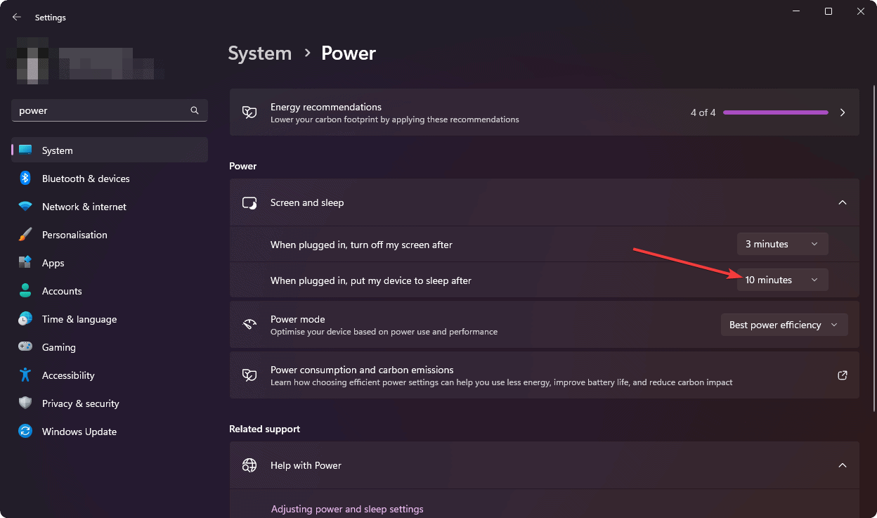 selecting options on sleep after on windows 11