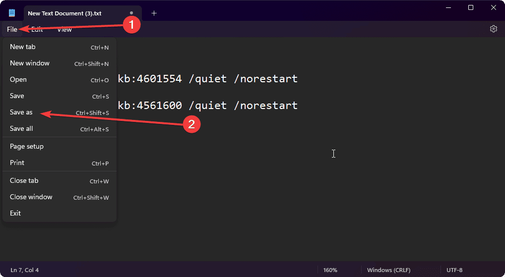 selecting save as in text