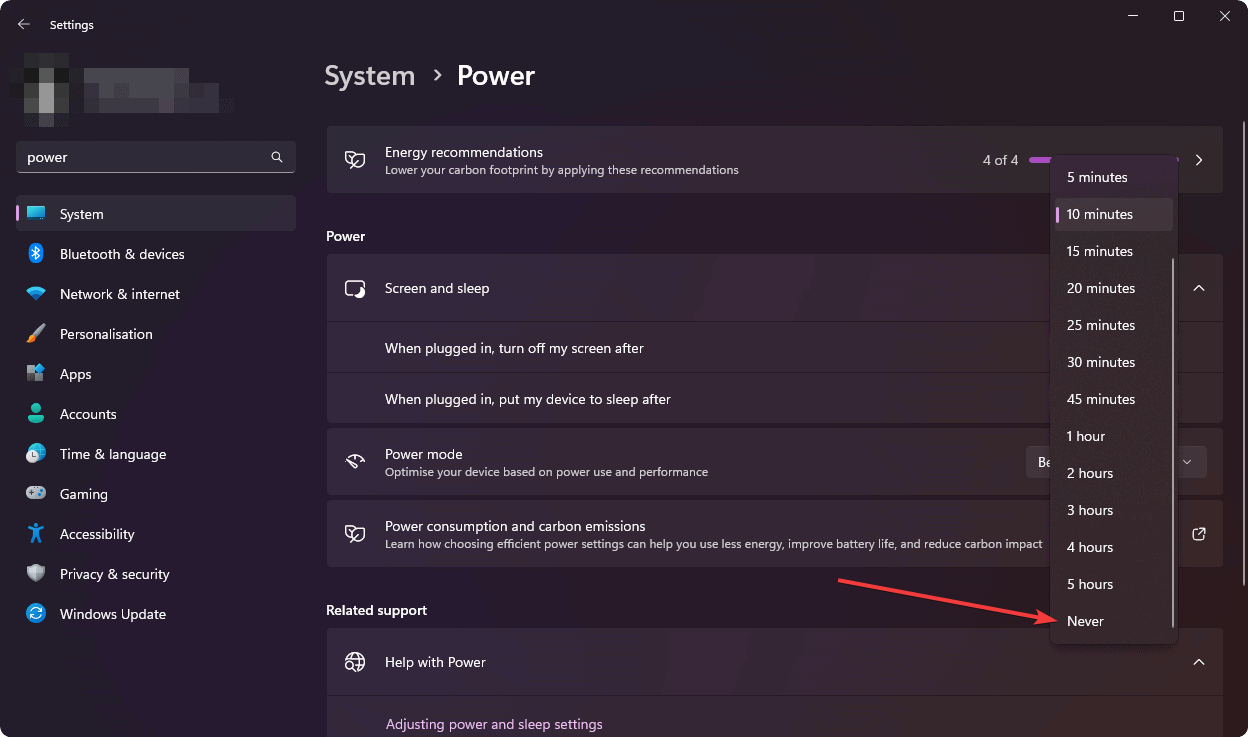selecting sleep after to never on windows 11