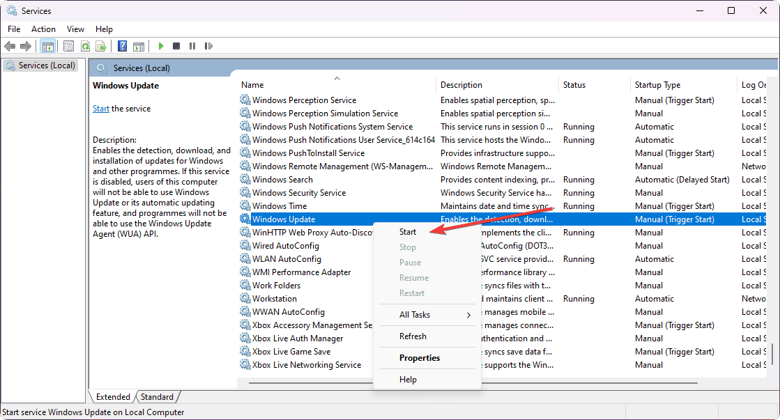 selecting start on windows update service
