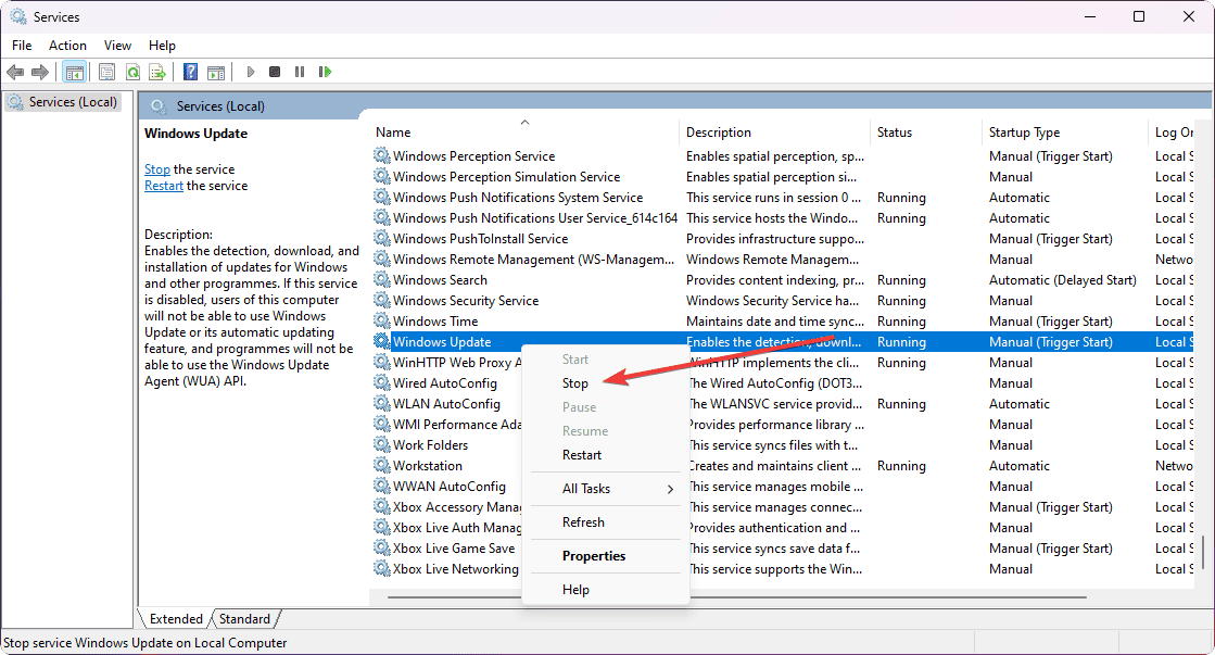 selecting stop on windows update service