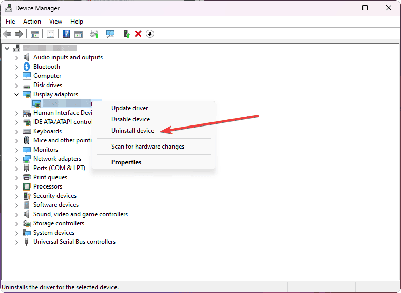 selecting uninstall driver for graphics driver