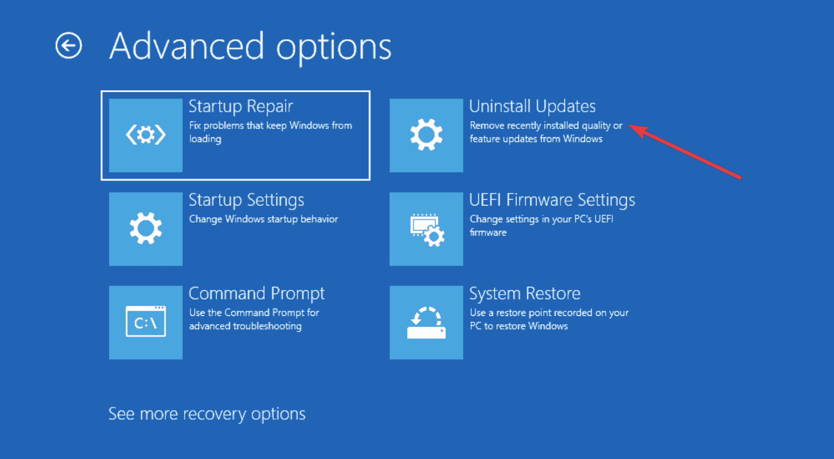 selecting uninstall updates on advanced options