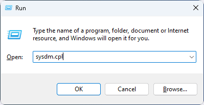 sysdm.cpl command in run dialog box