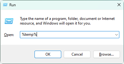 %temp% command in run dialog box