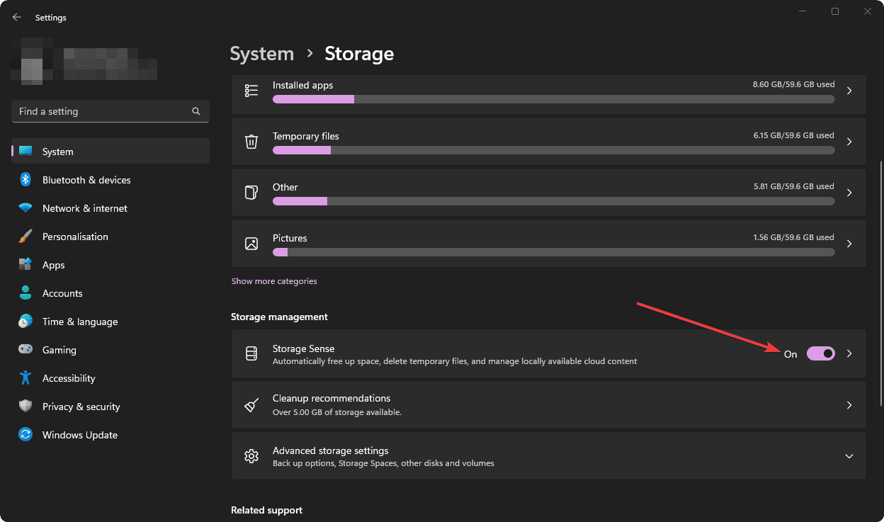 turning on storage sense in windows 11