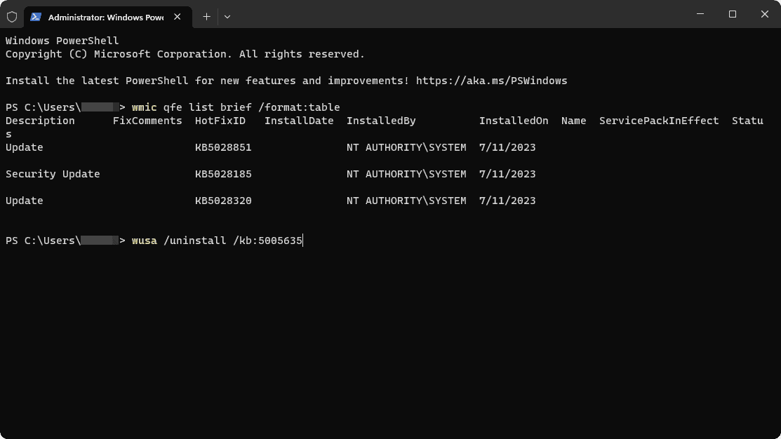 wusa uninstall kbKB number terminal command
