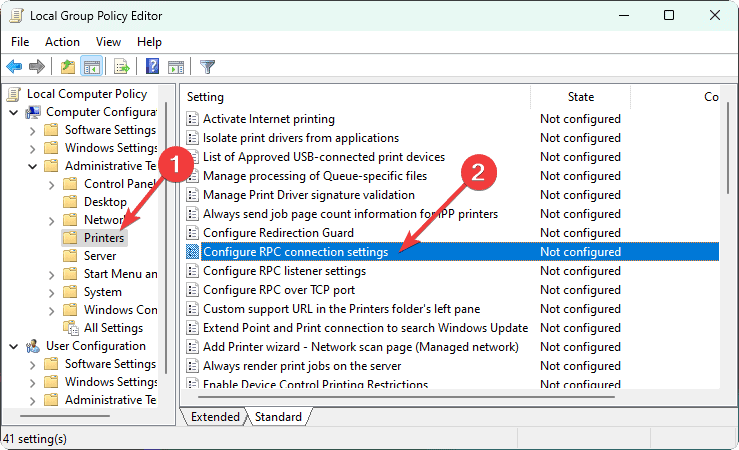 Administrative Templates Printers Configure RPC connection settings group policy