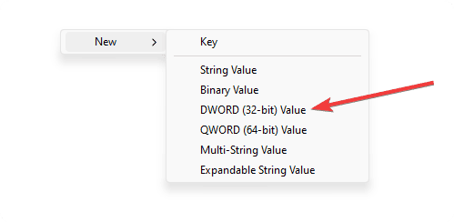 New DWORD (32 bit) Value