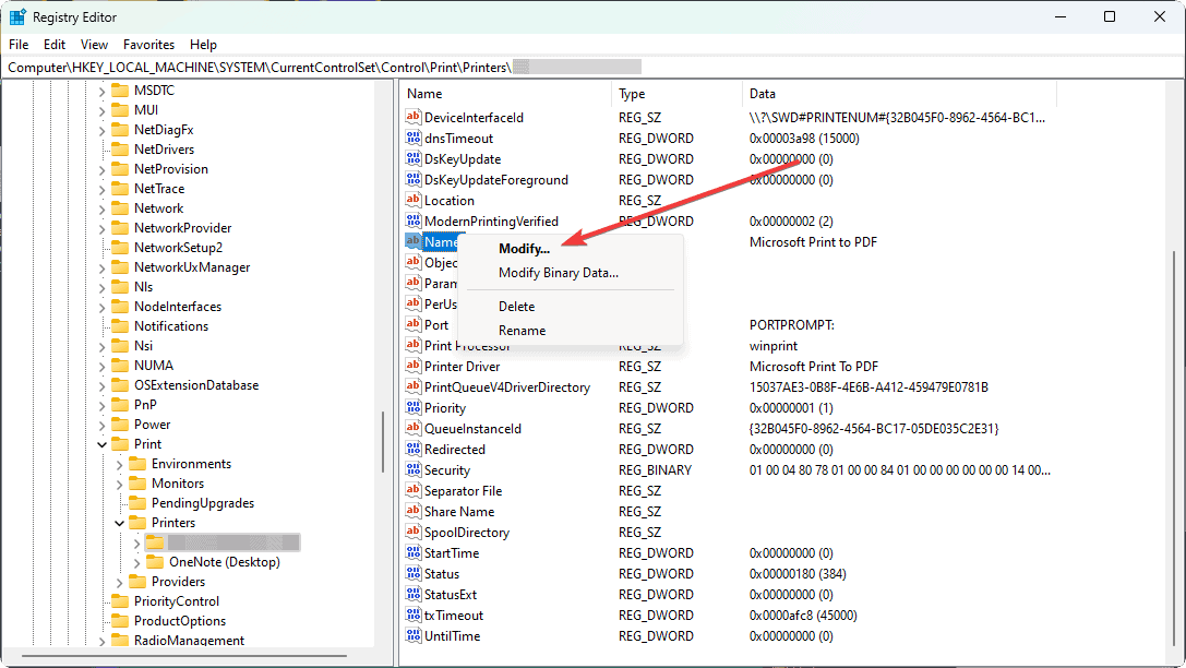 clicking on modify of printer name
