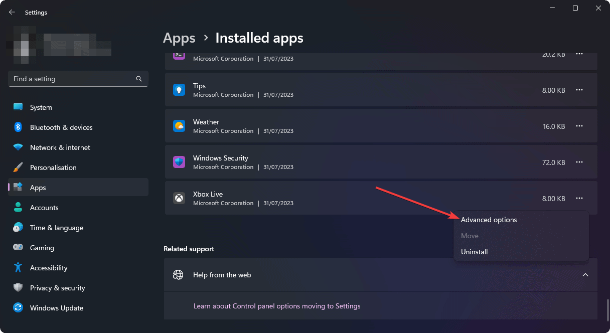 selecting advanced options on xbox live app