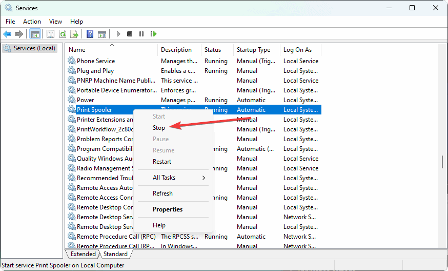 stop Print Spooler in services