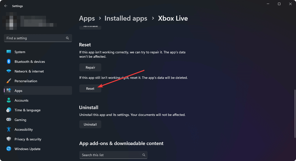 xbox live app reset from settings